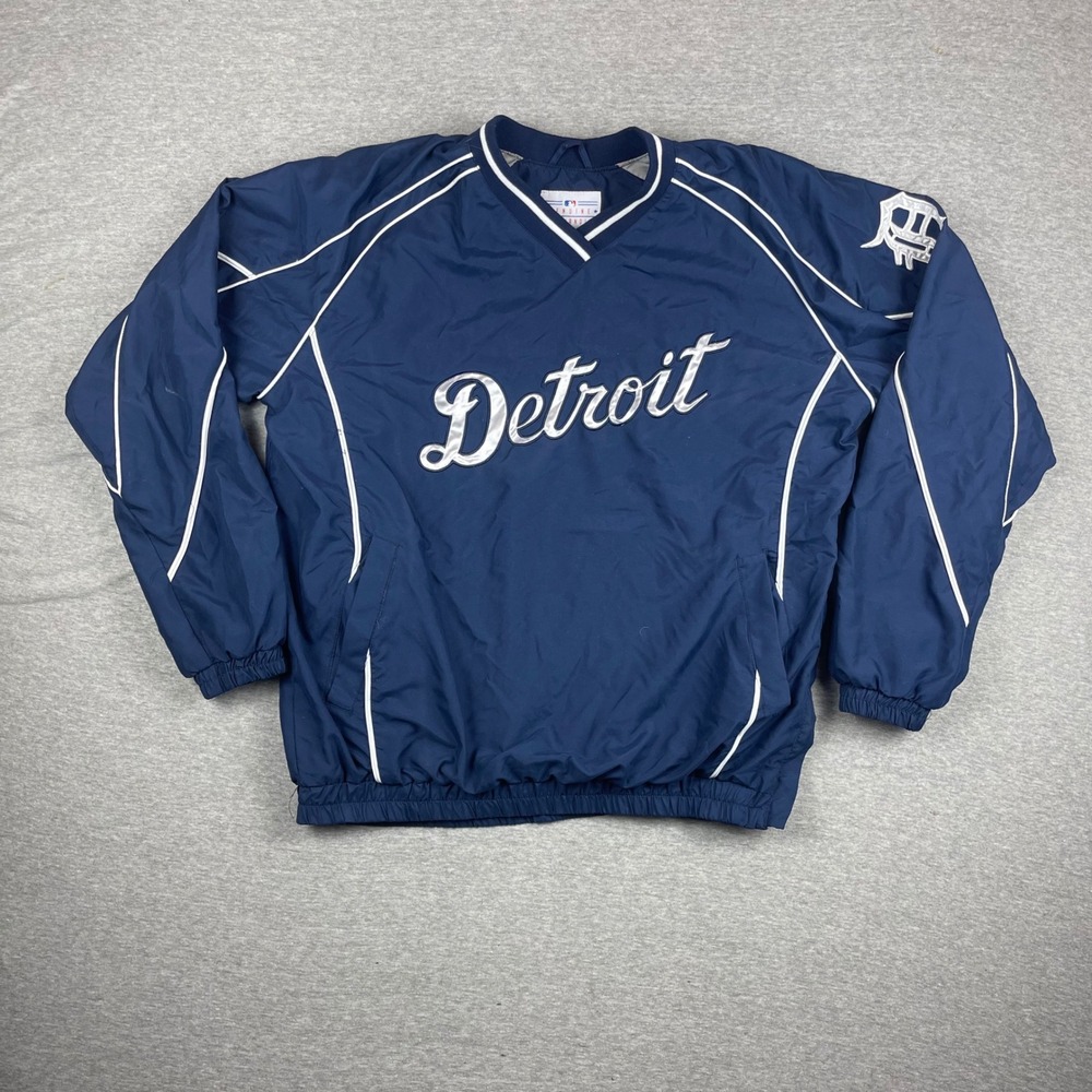 Detroit Tigers Jacket Men's M Navy V-Neck Pullover Windbreaker Lined Y2K Style